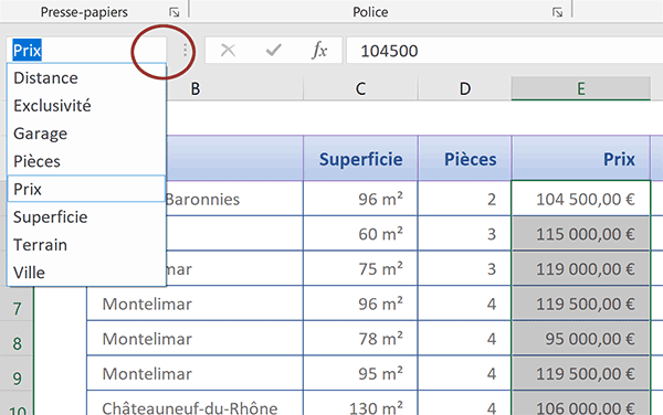 Noms des colonnes du tableau Excel pour faciliter la recherche des biens immobiliers aux prix proches