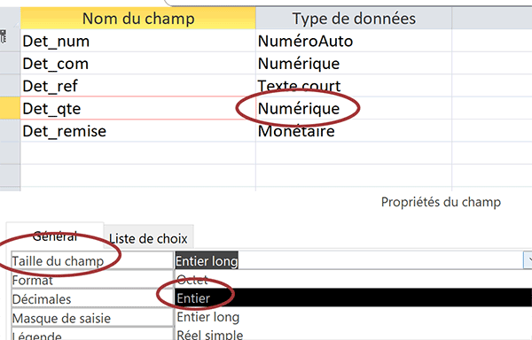 Régler le type entier sur un champ de table Access pour la saisie de quantités