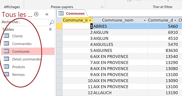 Tables de base de données Access à configurer