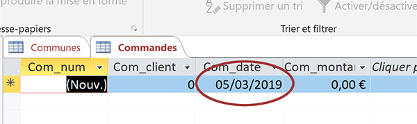 Configurer date pas défaut dans champ de table Access