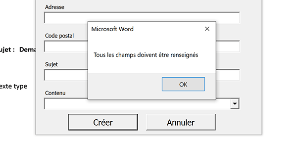 Insertions automatiques refusées par le formulaire VBA Word car tous les champs ne sont pas renseignés