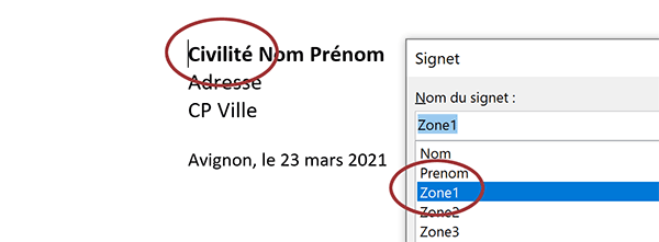 Liste des signets du document Word pour repérer les emplacements à renseigner automatiquement en VBA