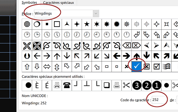 Trouver codes numériques associés aux symboles graphiques et icônes de polices dans Excel