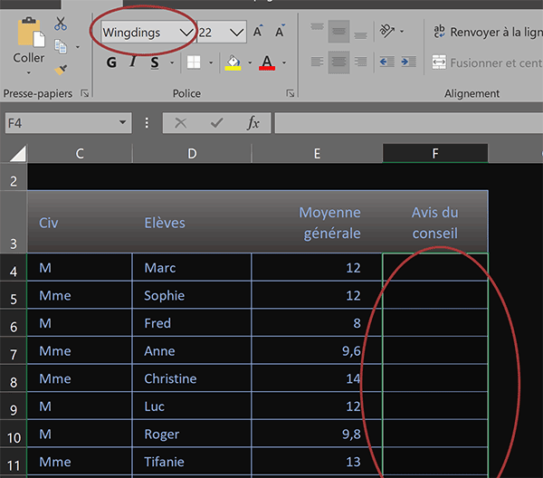 Police Windings dans les cellules du tableau Excel pour icônes graphiques par codes numériques