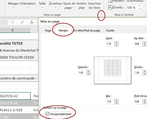 Réglages de mise en page Excel pour centrer la facture client dans la largeur de la page