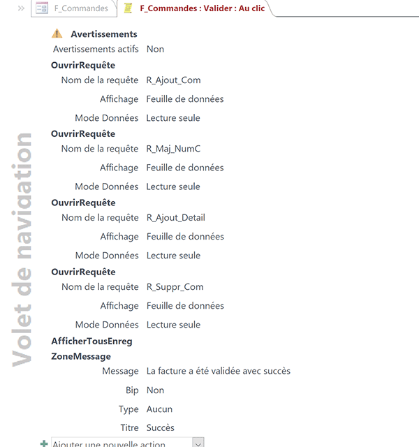Enchaînement des actions de macro Access pour valider et archiver la facture client depuis le formulaire