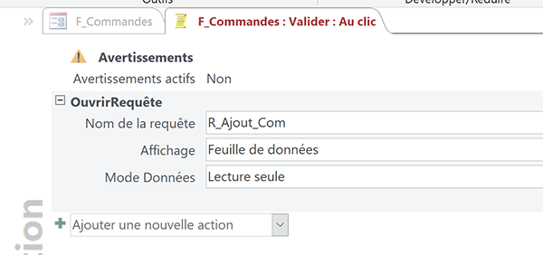 Exécuter requête Ajout par macro Access pour alimenter la commande du client dans la table