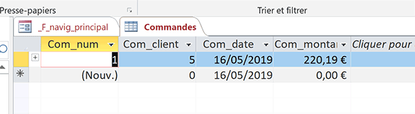 Nouvelle commande client archivée dans la table Access au clic sur le bouton du formulaire