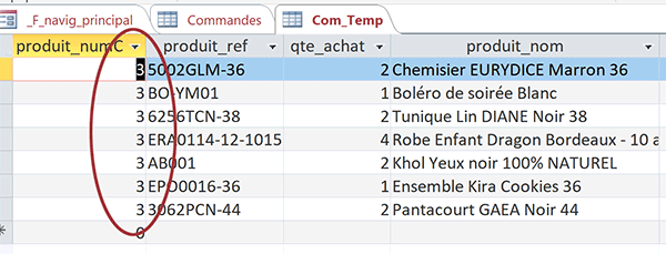 Récupération du dernier numéro de commande créé pour établir relation entre les tables Access par clé étrangère