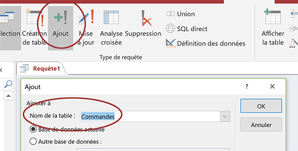 Construire une requête Access Ajout pour créer automatiquement de nouvelles commandes clients depuis le formulaire