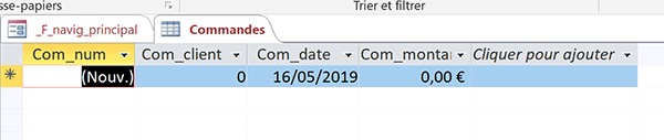 Table Access des commandes clients à alimenter automatiquement depuis le formulaire