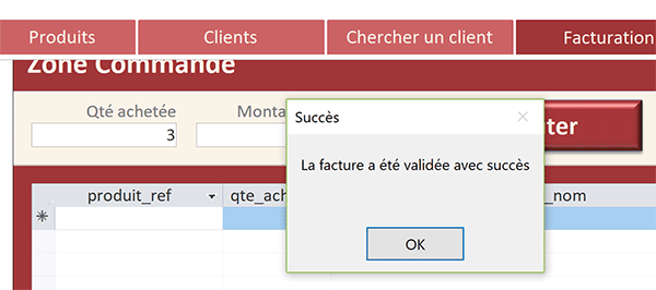 Message Access pour confirmer la validation de la facture du client depuis le formulaire