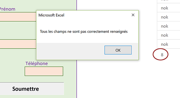 Code VBA empêchant soumission du formulaire Excel car données non conformes