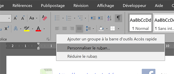 Accéder aux propriétés des rubans dans Microsoft Word