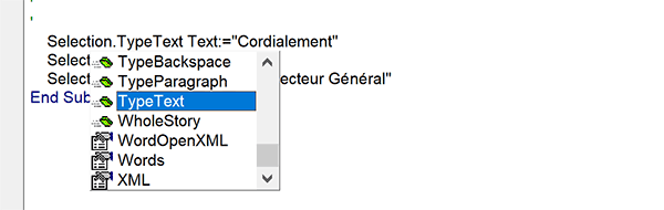 Appeler propriétés et méthodes VBA Word pour un objet de programmation avec intellisense