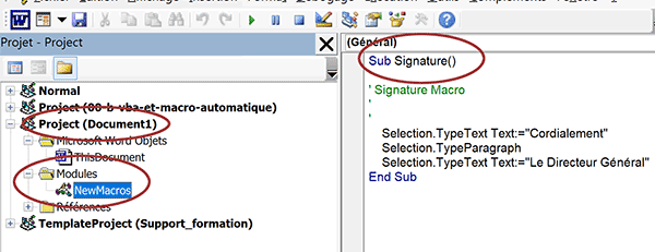 Procédure de code VBA Word enregistrée automatiquement par création de la macro automatique Word