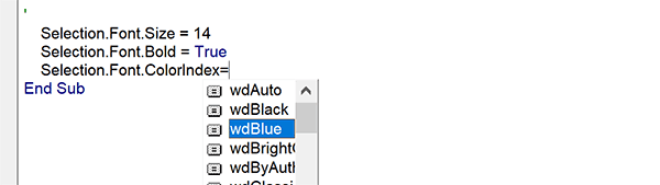 Valeur affectée à la propriété ColorIndex pour la couleur de police en VBA Word