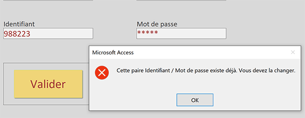 Inscription refusée dans la table Access car la paire Identifiant-Mot de passe existe déjà