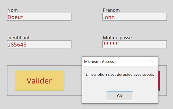 Valider inscription sur formulaire Access sans code VBA