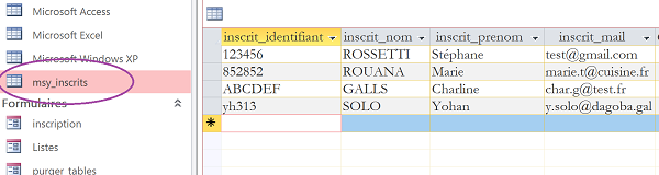 Table inscrits pour relations et dépendances avec résultats à archiver en VBA Access