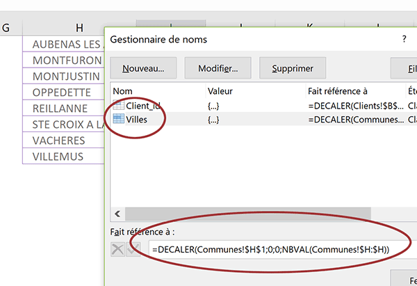 Fonction Excel Decaler pour faire varier dynamiquement la hauteur de la plage de cellules nommée