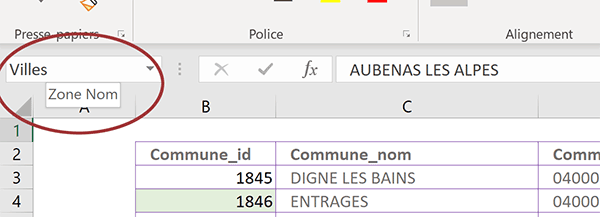 Nommer la plage de cellules des villes Excel pour la rendre dynamique