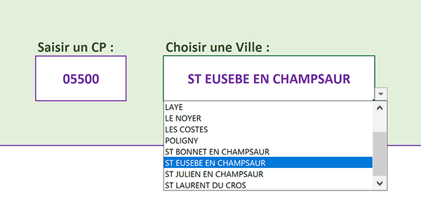 Liste déroulante des villes ajustée automatiquement en fonction du code postal tapé dans cellule Excel