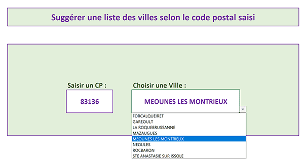 Liste déroulante Excel remplie dynamiquement des villes du code postal inscrit