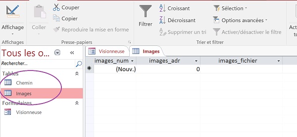Structure base de données sur deux tables pour visionneuse images via formulaire Access