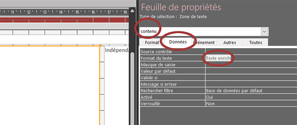 Format texte enrichi sur formulaire Access pour attributs de mise en forme